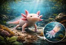 Аксолотль мексиканский — неотеническая саламандра, всю жизнь остаётся “личинкой” и регенерирует конечности