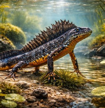 Гребенчатый тритон — крупный тритон с высоким брачным гребнем у самцов, индикатор чистых водоёмов Гребенчатый тритон — крупный тритон с высоким брачным гребнем у самцов, индикатор чистых водоёмов