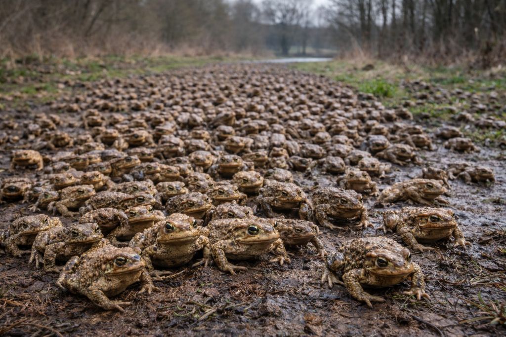 Жаба обыкновенная Жаба обыкновенная (Bufo bufo) — один из самых известных и распространённых земноводных Европы. Её можно встретить в лесах, парках, садах и даже на окраинах городов. Но настоящая «магия» этого вида начинается весной: в тёплые влажные ночи жабы массово выходят из укрытий и направляются к водоёмам для размножения. Иногда их так много, что кажется, будто дорогу покрывает живой ковёр. Почему они мигрируют массово Обыкновенные жабы большую часть года живут на суше, прячась под листвой, корягами, в норах и щелях. Водоём им нужен прежде всего для нереста. Важно, что взрослые жабы часто сохраняют «привязанность» к конкретному месту размножения и могут возвращаться в один и тот же пруд или озерцо год за годом. Когда условия совпадают (влажность, температура, отсутствие сильного ветра), тысячи особей начинают движение почти одновременно. Как выглядит «ковровая» миграция Пик приходится на вечер и ночь. На тропинках, лесных дорогах и обочинах можно увидеть: взрослых самцов, которые обычно мельче самок, самок, часто несущих на спине «пассажира»-самца, пары, которые движутся медленно, но упорно. Самцы иногда прибывают первыми и ждут самок у воды. Конкуренция высокая, поэтому на одну самку может приходиться несколько самцов. Размножение и развитие Икра откладывается длинными шнурами, которые самка «наматывает» на растения или ветки в воде. Головастики развиваются несколько недель, после чего маленькие жабки выходят на сушу — иногда тоже массово, целыми «волнами». Зачем жаба нужна экосистеме Обыкновенная жаба — активный ночной хищник, поедающий насекомых, слизней и других беспозвоночных. В садах она помогает снижать численность вредителей, а в природе поддерживает баланс в пищевых сетях. Угрозы Главный риск для миграций — дороги: во время массовых переходов гибнет много животных. Поэтому в ряде стран делают временные ограждения и «жабьи тоннели», а волонтёры помогают переносить амфибий.