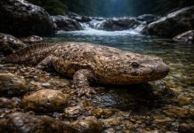 Китайская гигантская саламандра — рекордсмен по размеру, сильно пострадала из-за вылова и утраты местообитаний
