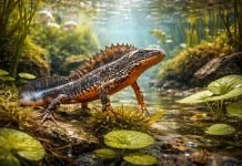 Обыкновенный тритон — маленький европейский тритон, размножается в прудах и весной меняет окраску