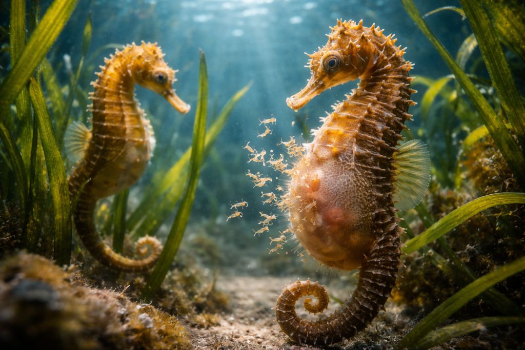 Размножение морских коньков беременность самцов и «плацентоподобный» мешок Размножение морских коньков беременность самцов и «плацентоподобный» мешок