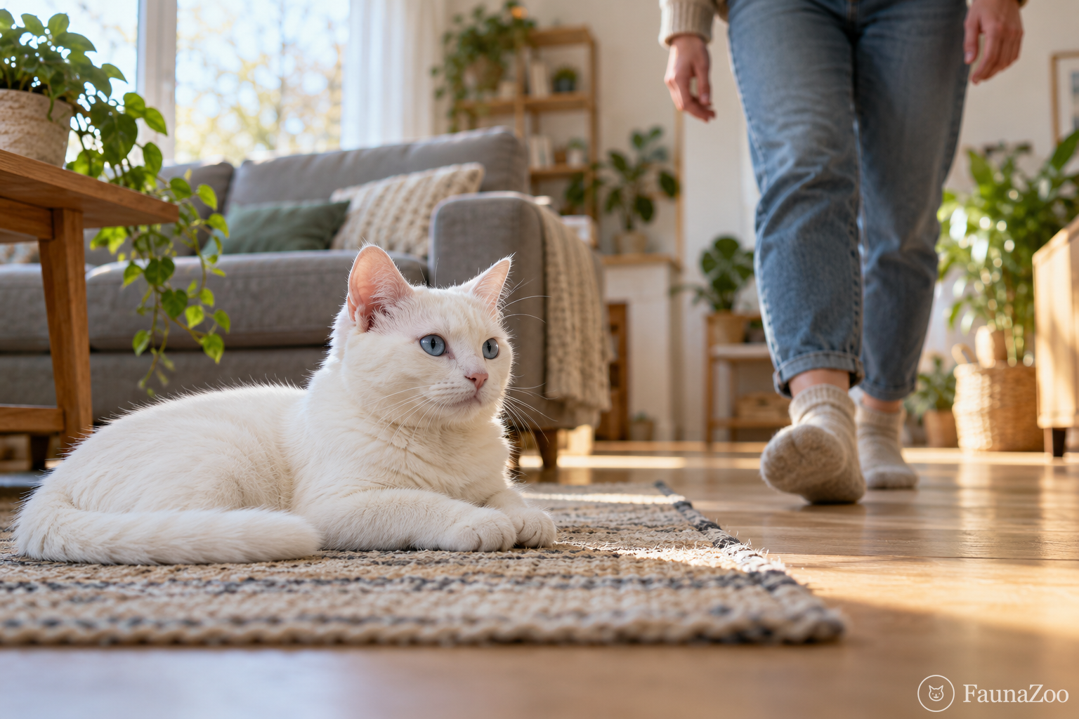 Кошка отдыхает в безопасной комнате, пока человек спокойно приближается в поле её зрения