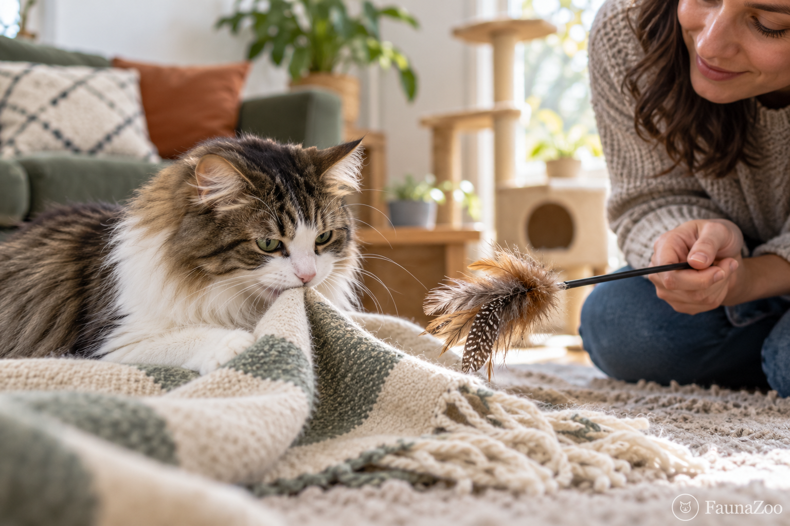 Кошка тянется к краю шерстяного пледа, хозяйка наблюдает за поведением