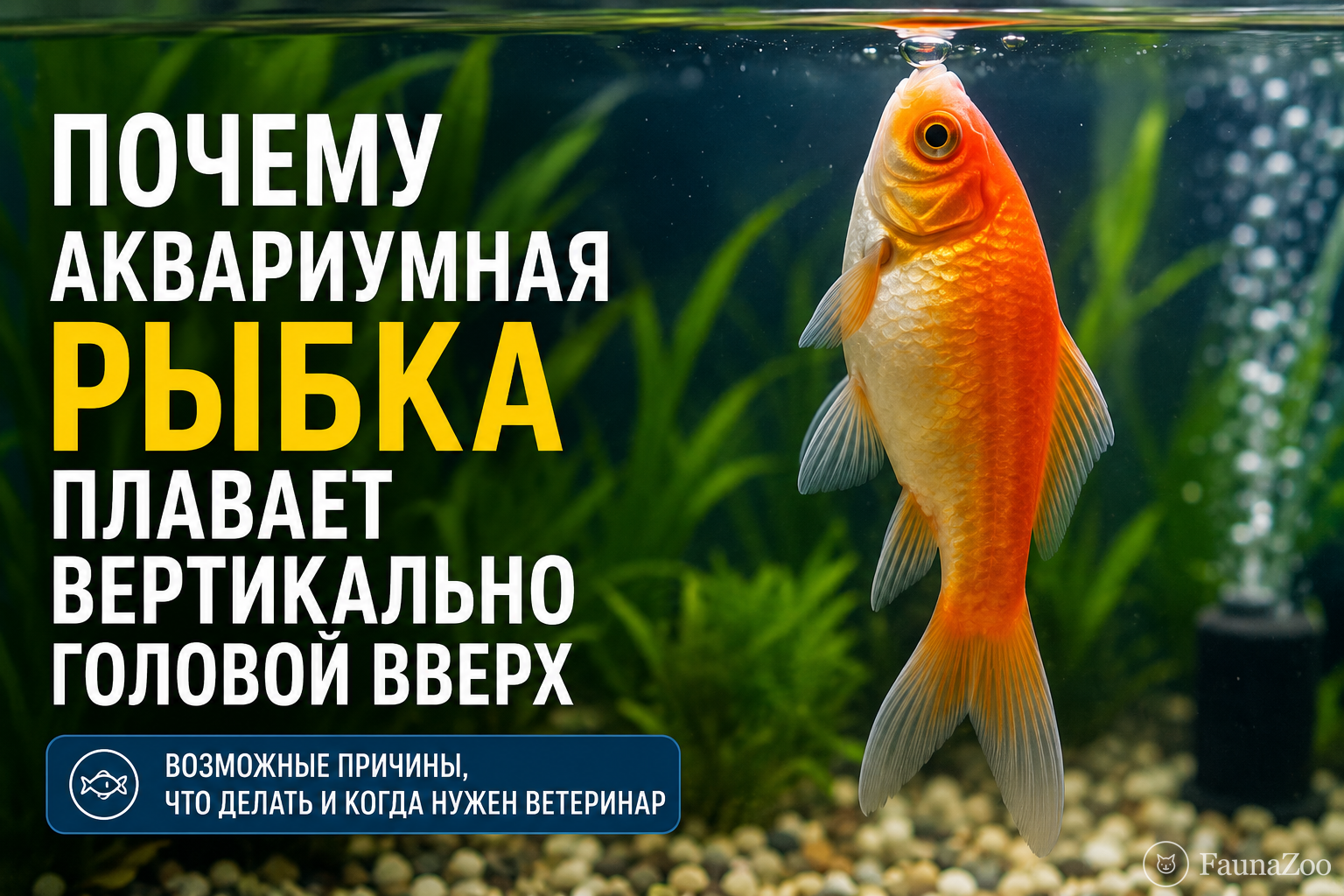 Аквариумная рыбка удерживается в воде почти вертикально головой вверх