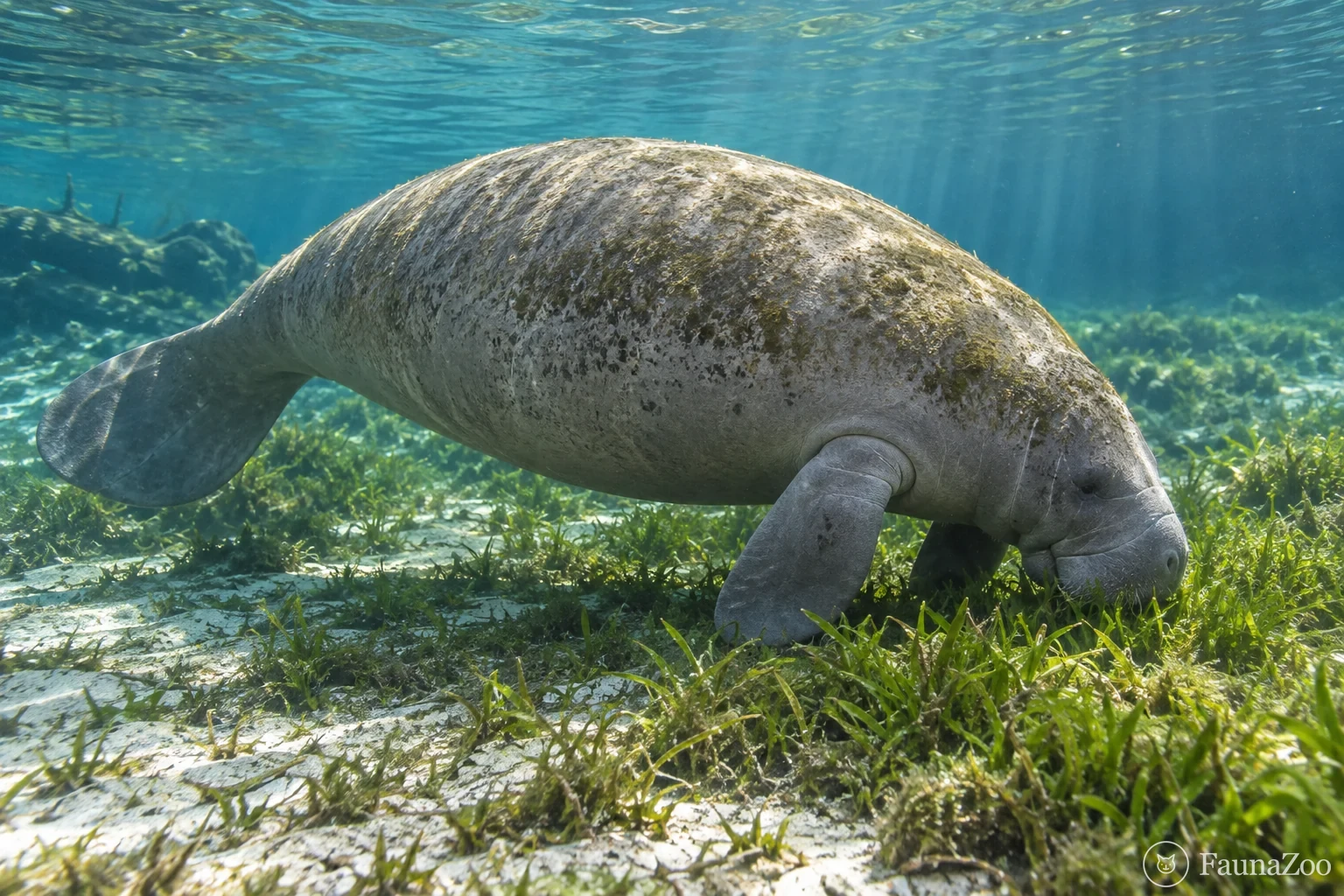 Ламантин кормится подводными растениями в прозрачной воде