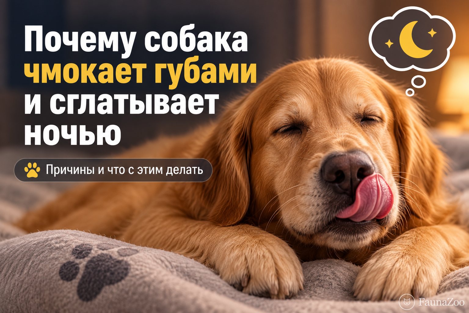 Домашняя собака ночью облизывает губы и сглатывает, сидя возле своей лежанки