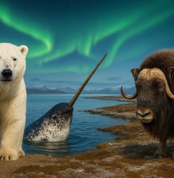 Нунавут — самая северная и обширная территория Канады, охватывающая Арктический архипелаг и часть материка. Это царство льда, тундры и моря, где жизнь подчинена ритму вечной мерзлоты и полярных дней. Несмотря на суровые условия, здесь обитает удивительное разнообразие животных, приспособленных к холоду и длительным зимам. Крупные млекопитающие Главные хозяева тундры — карибу и овцебыки, пережившие ледниковую эпоху. По побережьям бродят белые медведи, короли Арктики, зависящие от морского льда для охоты на тюленей. В тундре встречаются также песцы, полярные зайцы, волки и редкие росомахи. Морские обитатели Арктические воды Нунавутa — одни из самых богатых на севере. Здесь живут белухи, гренландские киты, моржи, тюлени и даже редкие нарвалы — загадочные морские единороги. Эти животные играют ключевую роль в культуре и традициях инуитов. Птицы Летом, когда снег тает, Арктика оживает криками миллионов птиц. Над тундрой и побережьями парят белые совы, кречеты, поморники, гагары, утки и канадские гуси. На скалах гнездятся огромные колонии морских птиц — кайры и чистики. Рыбы В ледяных водах рек и морей водятся арктический голец, сиг, треска и камбала. Рыбалка остаётся важной частью жизни местных общин. Уникальные виды Символы Нунавута — белый медведь, нарвал и овцебык, воплощающие дух Севера. Они изображаются на гербах, памятных монетах и в искусстве инуитов. Охрана природы Заповедники, такие как Auyuittuq, Sirmilik и Quttinirpaaq National Park, охраняют ледяные горы, айсберги и места гнездования птиц. Нунавут — это сердце Арктики, где медведи бродят по льдам, нарвалы пронзают море своими спиральными бивнями, а под полярным сиянием над безмолвной тундрой кружат белые совы.