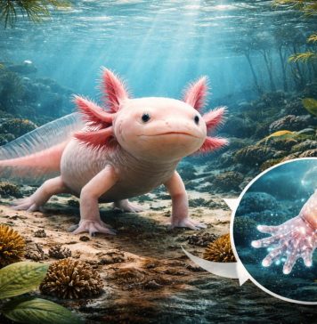 Аксолотль мексиканский — неотеническая саламандра, всю жизнь остаётся “личинкой” и регенерирует конечности