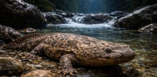 Китайская гигантская саламандра — рекордсмен по размеру, сильно пострадала из-за вылова и утраты местообитаний Китайская гигантская саламандра — рекордсмен по размеру, сильно пострадала из-за вылова и утраты местообитаний