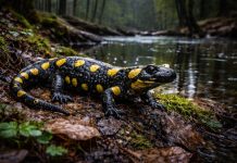 Пятнистая саламандра — североамериканский лесной вид, мигрирует к весенним “саламандровым” прудам Пятнистая саламандра — североамериканский лесной вид, мигрирует к весенним “саламандровым” прудам