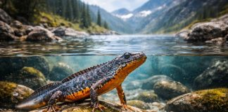 Тритон альпийский — яркое оранжевое брюхо, встречается в холодных высокогорных озёрах