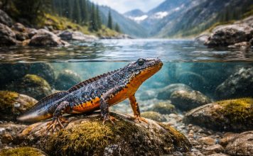 Тритон альпийский — яркое оранжевое брюхо, встречается в холодных высокогорных озёрах